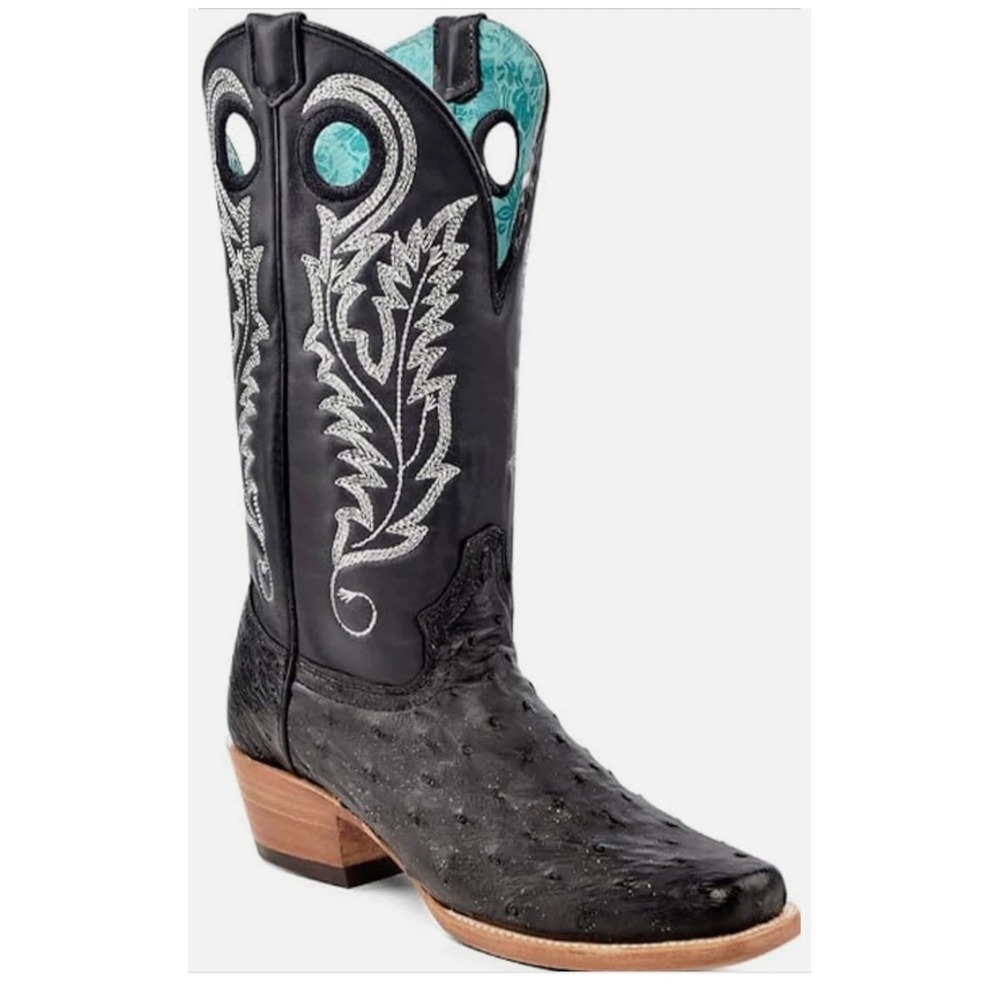 Ostrich Cowboy Boots Western Square Toe Black Leather w/silver Embroidered 7.5